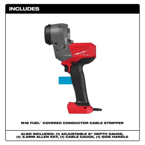 Milwaukee M18 Cordless Cable Stripper Bare Tool Adjustable Depth Gauge For 0.5 To 2.1 Inch Outer Diameter Wires Strips 1 Inch Per Second side view showing handle and cable gauge.