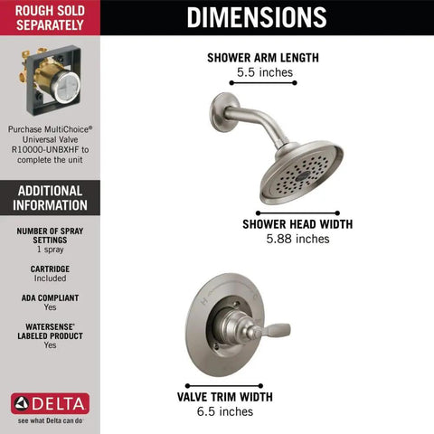 Woodhurst 14 Series Brushed Nickel Shower Trim Kit With Matching Shower Head And Handle Universal Rough-In Compatible Valve