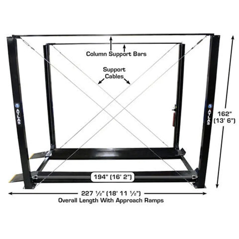 Detailed view of Weekend Warrior 4 Post Car Stack Lift dimensions, featuring support bars and cables for stability.