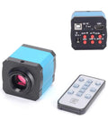 Pro Grade 14MP HDMI Microscope Camera Kit With Remote USB Output TF Card Video Recording 180X C Mount Lens Big Stereo Stand 144 LED Illumination For Industry Lab PCB Inspection, camera and remote