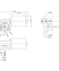 Technical drawing of 12V DC Right Angle Garage Door Gear Motor, Reversible Beefy High Torque Drive with 50 RPM Output