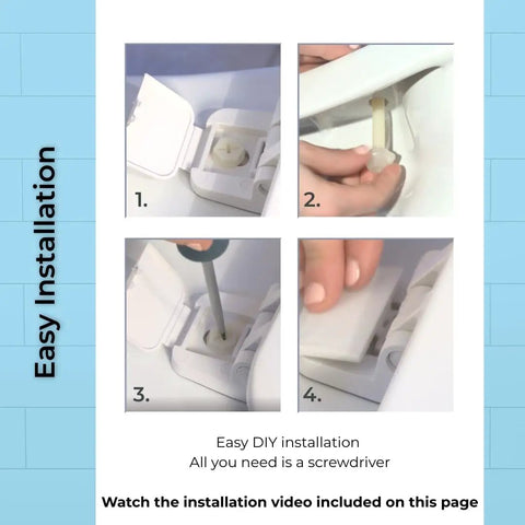 Four-step DIY installation process for round toilet seat with heavy-duty wood core and scratch-resistant plastic finish, USA made.