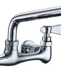Wall Mount Kitchen Faucet For Utility Sink With 8 Inch Swivel Gooseneck Spout 8 Inch Center 2 Handle Pro Grade Heavy Duty Commercial Sink Faucet For Laundry And Restaurant Chrome Finish showing a chrome swivel gooseneck spout and two handles
