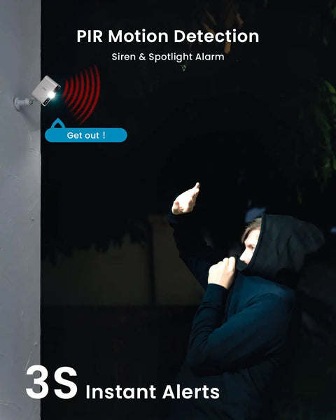 No Wires Battery Powered Wireless Outdoor Security Camera With 2K 3MP HD Video Built In Spotlight And Siren in action at night
