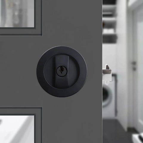 Round Pocket Door Privacy Latch Set For 35mm To 55mm Thick Doors Flush Mounted With Large Locking Lever Stainless Steel Privacy Hardware