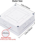 Premium Abs Plastic Junction Box Enclosure 5.9 X 5.9 X 2.8 Inches IP65 Waterproof Project Box showing dimensions and reserved holes.