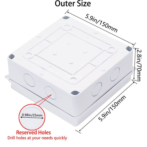 Premium Abs Plastic Junction Box Enclosure 5.9 X 5.9 X 2.8 Inches IP65 Waterproof Project Box showing dimensions and reserved holes.