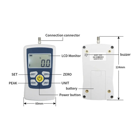 Digital Force Gauge Dynamometer For Push And Pull Testing Budget Friendly 500N Unit With Real Time Peak And First Peak Modes Four Units N Kg Lb Oz And Custom Acceleration Setting For Precise Compression Readouts, front and back view, 60mm wide, 124mm tall