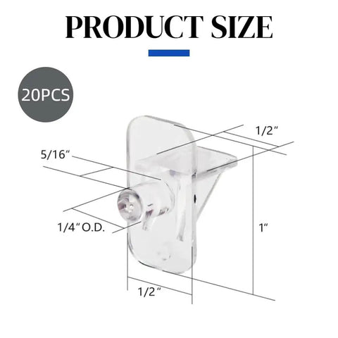 Top Shelf Quarter Inch Plastic Shelf Pegs Twenty Pack showing size dimensions for 1 inch height and 1/4 inch diameter.
