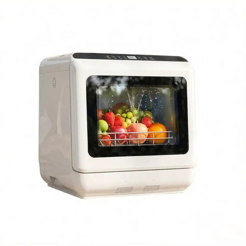 Snappy Portable Countertop Dishwasher With Built In One Point Six Gallon Tank For No Sweat Cleaning Top Shelf Results And Quick Faucet Hookup Without Messy Drain Lines showing fruits inside.