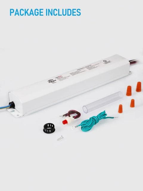 Package includes components of 8.5W LED Emergency Driver With Rechargeable Backup Battery, 120-277VAC Input, 3 To 60V DC Output
