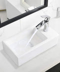 Corner Vessel Sink Kit With Faucet and Drain 18x10 Inch Small White Porcelain Wall Mount Vanity Sink with water flowing