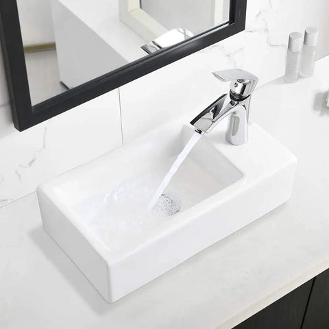 Corner Vessel Sink Kit With Faucet and Drain 18x10 Inch Small White Porcelain Wall Mount Vanity Sink with water flowing