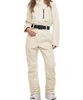 Woman wearing Women's One Piece Ski Suit Snow Suit Winter Waterproof Outdoor Snowsuit Jumpsuit Snowboard Jacket With Hood And Multiple Pockets.