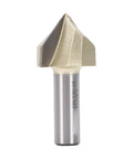Get That Perfect V-Groove With This 1/2 Inch Shank 90 Degree Router Bit Featuring A Massive 1-1/8 Inch Dia Carbide Tipped Blade For Deep Woodworking Cuts And Clean Decorative Edging On Any Project - close-up view of router bit.