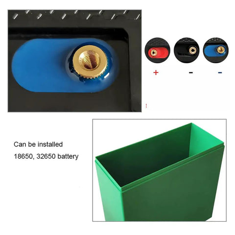 Rugged DIY 12V 20Ah Li Ion Battery Case For 72 18650 Cells Waterproof Storage Box Holder For Powerwall Build And Electric Sprayer Rig Gear Green, featuring installation ports for 18650 and 32650 batteries.