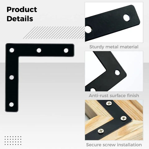 Flat Corner Braces 20 Pack 3-1/8 Inch L Right Angle Brackets for wood frames secure installation black metal anti-rust finish