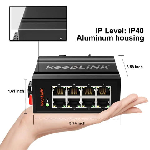 Eight Port Industrial Ethernet Switch Unmanaged 10/100 Mbps DIN Rail Network Switch shown on hand, dimensions highlighted.