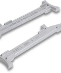 Line Stretchers For Masonry Work, 6 And 8 Inch, Adjustable Cast Aluminum Tension Tools To Keep Mason Line Snug Between Line Blocks For A Dead Straight Guiding Line For Bricks And Blocks, Made In USA, pair of cast aluminum tools on white background