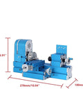 Mini Micro Electric Lathe Machine Ideal For Diy Metal And Woodworking Projects shown from the side with measurements and blue finish.