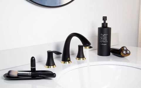 Black And Gold 8 Inch Widespread Bathroom Faucet With 3 Holes And Two Handles Drain Assembly Solid Brass on white vanity