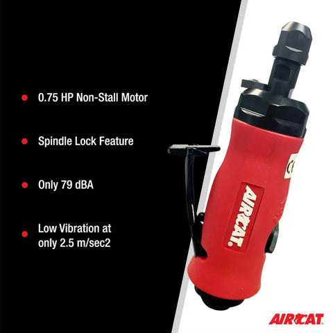 Red 0.75 HP Pneumatic Straight Die Grinder With Spindle Lock And 20K RPM Ergonomic Grip, side view showing logo