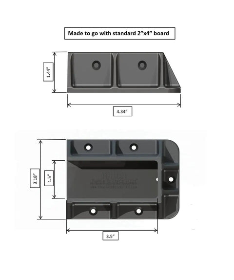 Diagram of Beefy Sturdy 2x4 Railing Hangers For Wood Deck Railings with dimensions and bolt holes, black polypropylene material.