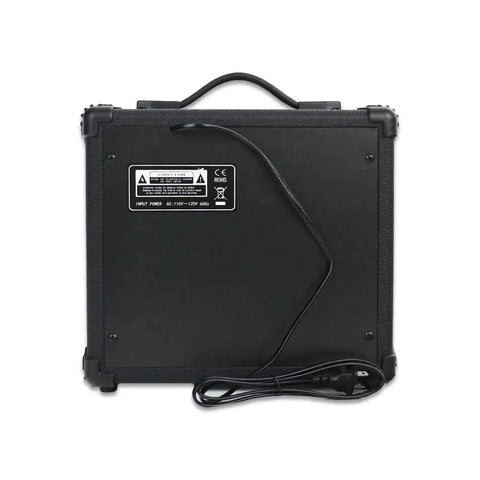 Back view of Portable 20W Electric Guitar Amp For Beginners With Headphone Output And Aux In, Distortion, Treble, Bass, and Volume Controls