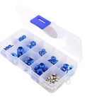 RC Car Hardware Fastener Kit With M2.5 M3 M4 Flat And Round Head Washers And Nuts, Assorted Screws And Washers In A Clear Storage Box, Great For 1/8 And 1/10 Scale RC Cars, Blue. 10-grid clear box with blue aluminum washers and silver nuts