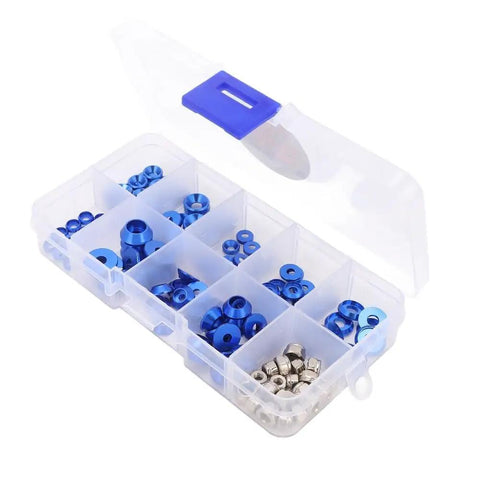 RC Car Hardware Fastener Kit With M2.5 M3 M4 Flat And Round Head Washers And Nuts, Assorted Screws And Washers In A Clear Storage Box, Great For 1/8 And 1/10 Scale RC Cars, Blue. 10-grid clear box with blue aluminum washers and silver nuts