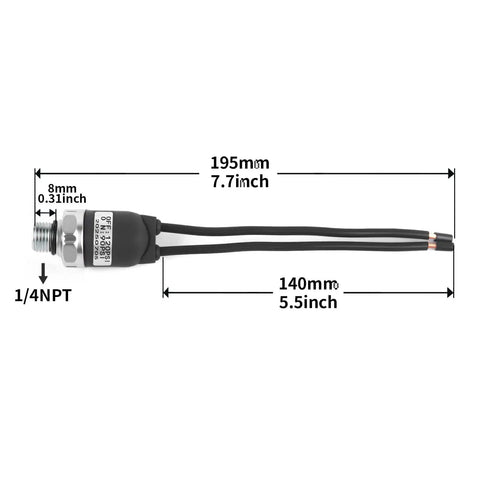 Side view of 90 To 120 PSI Air Pressure Switch 1 Quarter NPT Controller for Air Compressors and Tank Suspension, prewired, dimensions shown.