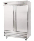 Rock Solid All Stainless Steel Two Door Reach In Commercial Freezer, 49 Cu Ft Capacity, front view with shiny stainless finish.