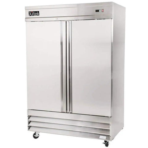 Rock Solid All Stainless Steel Two Door Reach In Commercial Freezer, 49 Cu Ft Capacity, front view with shiny stainless finish.