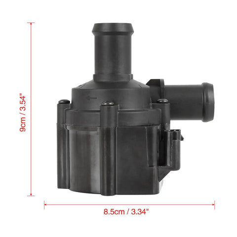 Straight Up Beefy Electric Coolant Water Pump Engine Auxiliary Replacement Smooth Ride Fits Audi A4 A5 A6 A7 A8 Q5 Q7 Q8 S4 RS4 RS5 R8 Aftermarket Oe 06H121601N side view with dimensions.