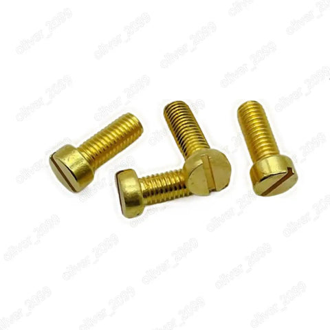 Kickass Solid Brass Slotted Cheese Head Machine Screws M2.5 Through M10 Bad Boy Assortment Kit For Home Repairs And Auto Restoration Includes 100 Pcs Of High Performance Fasteners That Stay Put Every Single Day, showcasing four slotted brass screws.