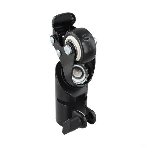 Close-up of an L-Shaped Speaker Tripod Caster with Silent Ball Bearings, featuring durable black housing and smooth wheel.