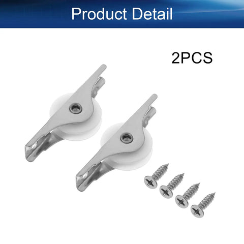 Heavy Duty Sliding Door And Window Pulley Wheels With Beefy Stainless Steel Shell And Smooth Sail Nylon Rollers For Hassle Free Cabinet Track Refreshes 33 Millimeter Diameter Silver White Two Pack Of Rolling Replacement Gear with installation screws.
