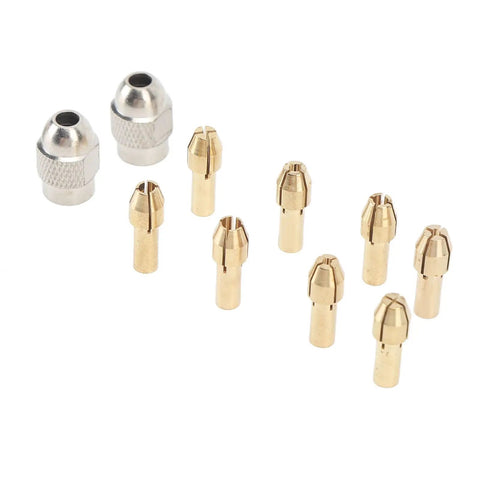 Brass Drill Chuck Collet Set Ten Piece Kit With Eight Collets From 0.8mm To 3.2mm And Two Nut Chucks Keyless Bit Adapter