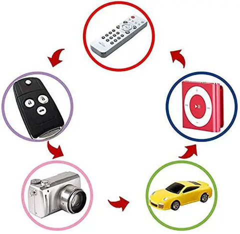 Zero Hassle 10 Pack SR521SW AG0 LR521 379 Button Coin Cell Watch Battery 1.5 Volt Silver Oxide Power For Everyday Timepieces Mercury Free graphic showing various devices powered by batteries.
