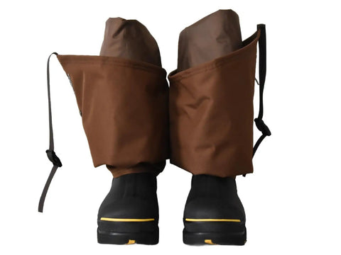 Tough As Nails Beefed Up Steel Toe Rubber Boots With Snake Proof Hip Waders Fully Waterproof Heavy Duty Work Gear, brown chaps and black soles.