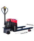 Heavy Duty Full Electric Pallet Jack With Lithium Battery Holds 6600 Lbs, 115cm long and 55cm wide, ideal for indoor material moving.