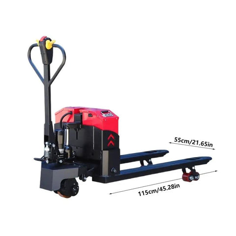 Heavy Duty Full Electric Pallet Jack With Lithium Battery Holds 6600 Lbs, 115cm long and 55cm wide, ideal for indoor material moving.