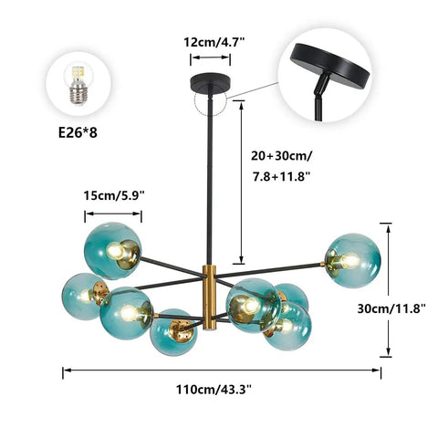 Dimensions of Blue Glass Globe Sputnik Chandelier 8 Light Modern Pendant Fixture For Dining Room Living Room Island Kitchen And Bedroom With Mid Century Vibe And Metal Frame