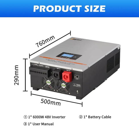 6000W Solar Inverter 48V DC To 120V/240V AC Split Phase Output dimensions and components view