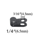 Close-up of a black R-type clip from the 200 Piece 1/4 Inch Nylon Cable Clamps Assortment Kit with size labels 1/4 inch and 3/16 inch.