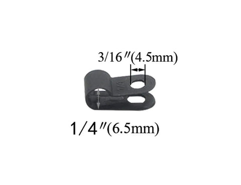 Close-up of a black R-type clip from the 200 Piece 1/4 Inch Nylon Cable Clamps Assortment Kit with size labels 1/4 inch and 3/16 inch.