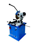 Heavy Duty 16 Inch Cold Cut Saw Built Like A Tank With Killer 4Hp Motor 220 Volt Three Phase Cuts Steel Aluminum Smooth Swivel Miter Sixty Degrees Double Vise Clamp Included - side view of blue saw with blade.
