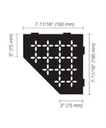 Diagram of Pentagonal Corner Shelf For Tiled Walls With Floral Aluminum Design Matte Black Finish No Drill Installation dimensions