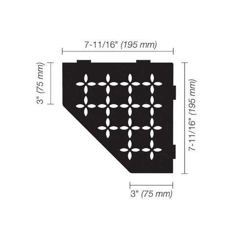 Diagram of Pentagonal Corner Shelf For Tiled Walls With Floral Aluminum Design Matte Black Finish No Drill Installation dimensions