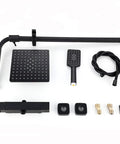 UMJIGF Black Thermostatic Shower System with Cold and Hot Water Shower Combo Set parts including overhead and handheld shower heads.